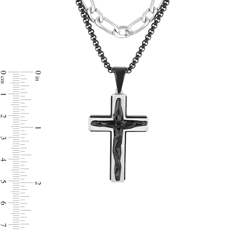Main Image 4 of Layered Figaro and Box Chain Cross Necklace in Two-Tone Stainless Steel - 22”
