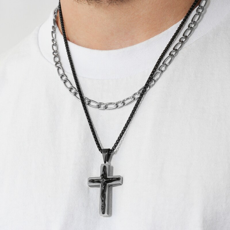 Main Image 5 of Layered Figaro and Box Chain Cross Necklace in Two-Tone Stainless Steel - 22”