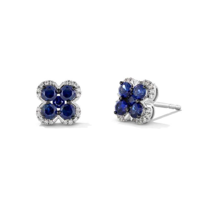 Vera Wang Love Collection Blue Sapphire and 0.085 CT. T.W. Diamond Frame Clover Stud Earrings in Sterling Silver