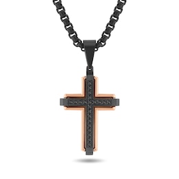 0.20 CT. T.W. Black Diamond Cross Pendant in Black and Rose-Tone Ion-Plated Stainless Steel - 24”