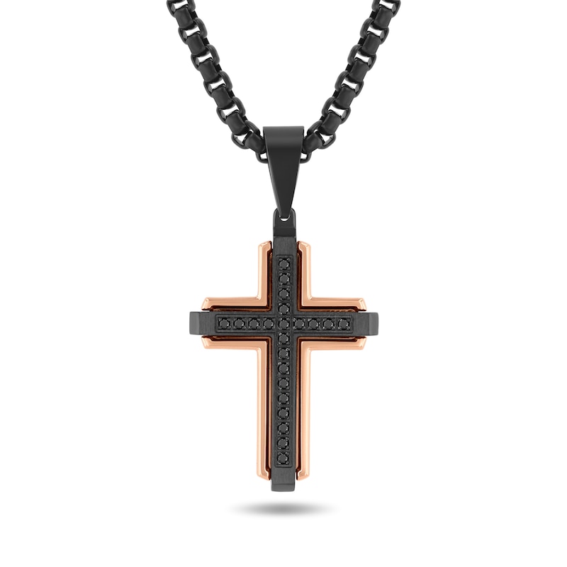 Main Image 1 of 0.20 CT. T.W. Black Diamond Cross Pendant in Black and Rose-Tone Ion-Plated Stainless Steel - 24”