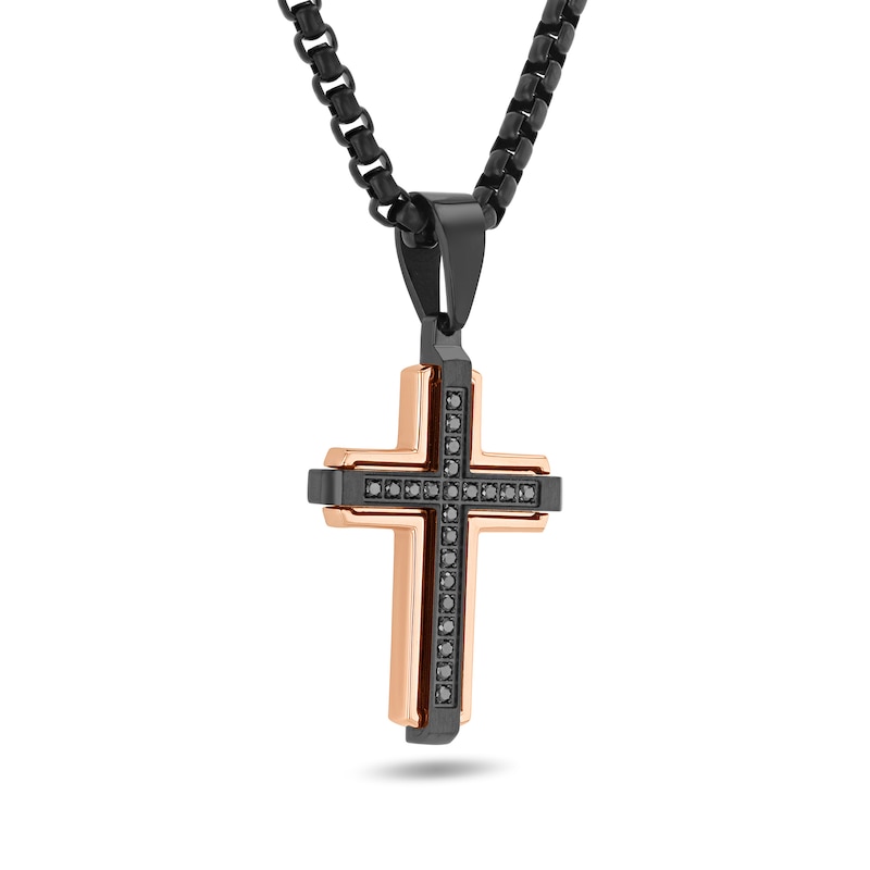 Main Image 2 of 0.20 CT. T.W. Black Diamond Cross Pendant in Black and Rose-Tone Ion-Plated Stainless Steel - 24”