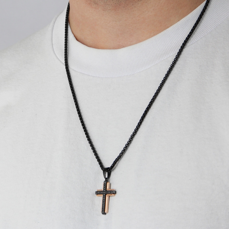 Main Image 5 of 0.20 CT. T.W. Black Diamond Cross Pendant in Black and Rose-Tone Ion-Plated Stainless Steel - 24”