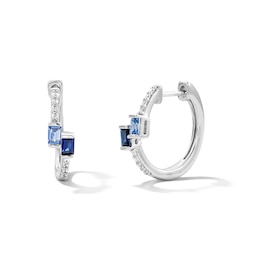 Baguette-Cut Blue Lab-Created Sapphire and 0.08 CT. T.W. Lab-Grown Diamond Hoop Earrings in Sterling Silver (F/SI2)