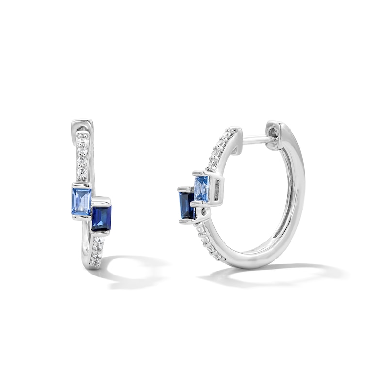 Main Image 1 of Baguette-Cut Blue Lab-Created Sapphire and 0.08 CT. T.W. Lab-Grown Diamond Hoop Earrings in Sterling Silver (F/SI2)