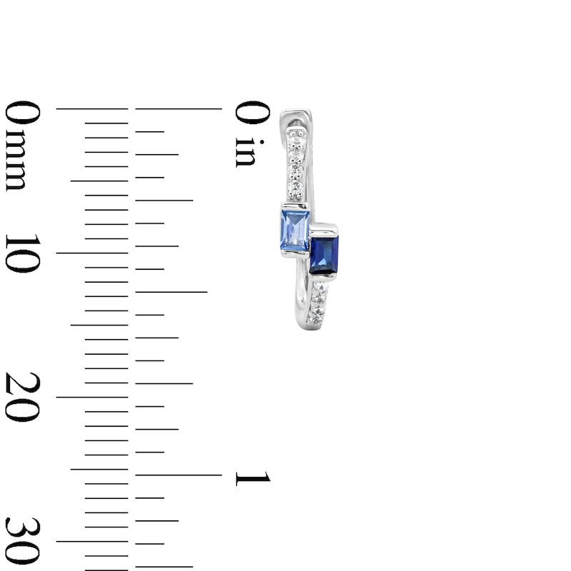 Main Image 3 of Baguette-Cut Blue Lab-Created Sapphire and 0.08 CT. T.W. Lab-Grown Diamond Hoop Earrings in Sterling Silver (F/SI2)