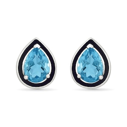 Pear-Shaped Swiss Blue Topaz and Black Enamel Frame Stud Earrings in Sterling Silver