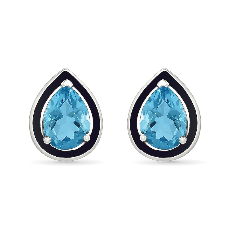 Pear-Shaped Swiss Blue Topaz and Black Enamel Frame Stud Earrings in Sterling Silver