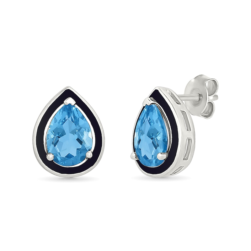 Pear-Shaped Swiss Blue Topaz and Black Enamel Frame Stud Earrings in Sterling Silver