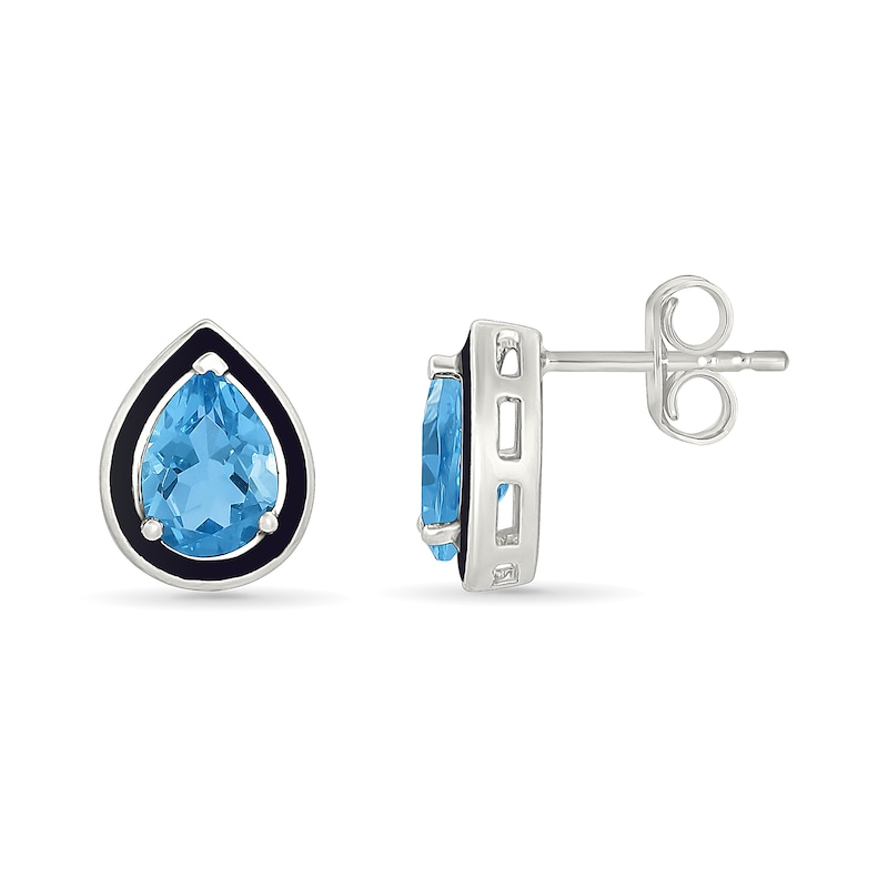 Pear-Shaped Swiss Blue Topaz and Black Enamel Frame Stud Earrings in Sterling Silver