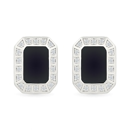White Lab-Created Sapphire and Black Enamel Octagon-Shaped Frame Stud Earrings in Sterling Silver