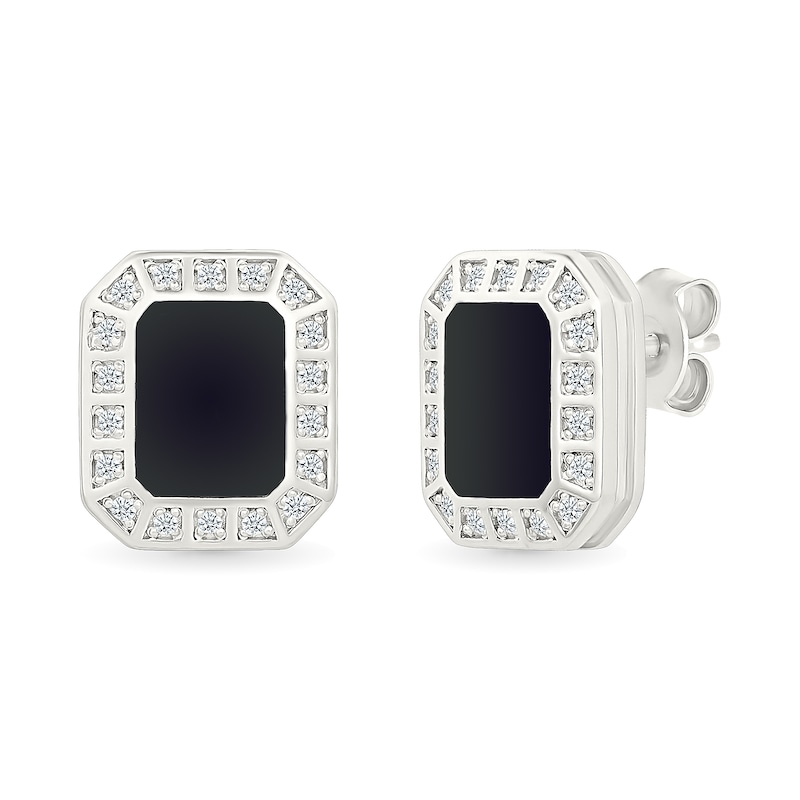 Main Image 2 of White Lab-Created Sapphire and Black Enamel Octagon-Shaped Frame Stud Earrings in Sterling Silver