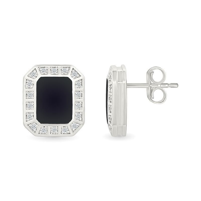 Main Image 3 of White Lab-Created Sapphire and Black Enamel Octagon-Shaped Frame Stud Earrings in Sterling Silver