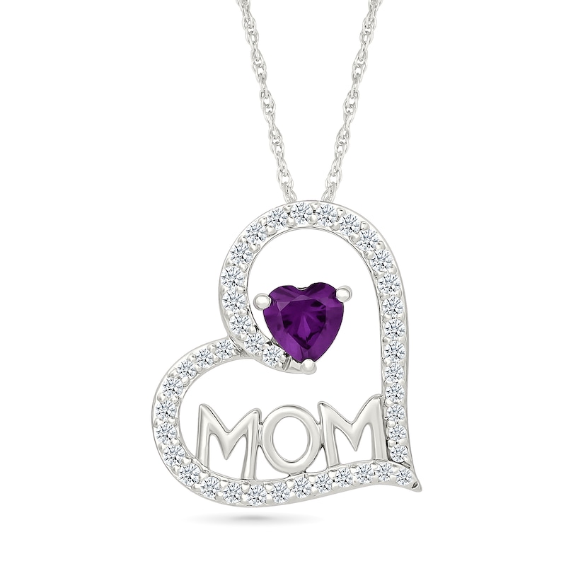 Heart-Shaped Amethyst and White Lab-Created Sapphire Tilted Heart "Mom" Pendant in Sterling Silver