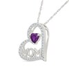 Thumbnail Image 2 of Heart-Shaped Amethyst and White Lab-Created Sapphire Tilted Heart “Mom” Pendant in Sterling Silver