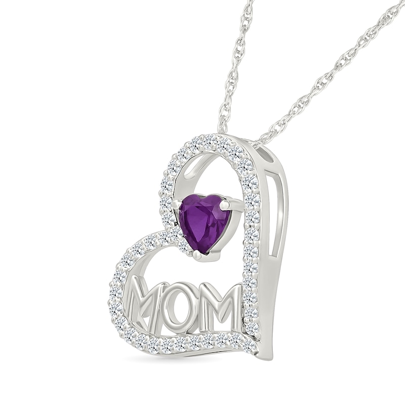 Heart-Shaped Amethyst and White Lab-Created Sapphire Tilted Heart "Mom" Pendant in Sterling Silver