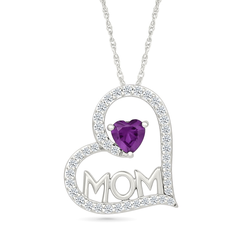 Heart-Shaped Amethyst and White Lab-Created Sapphire Tilted Heart "Mom" Pendant in Sterling Silver