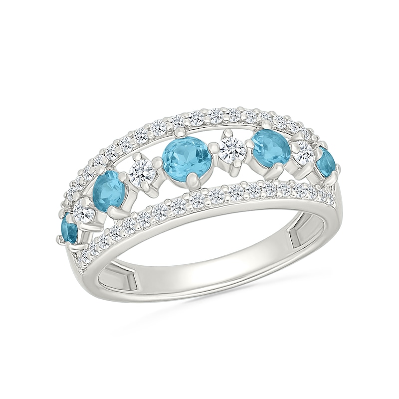 Main Image 1 of Swiss Blue Topaz and White Lab-Created Sapphire Openworked Ring in Sterling Silver