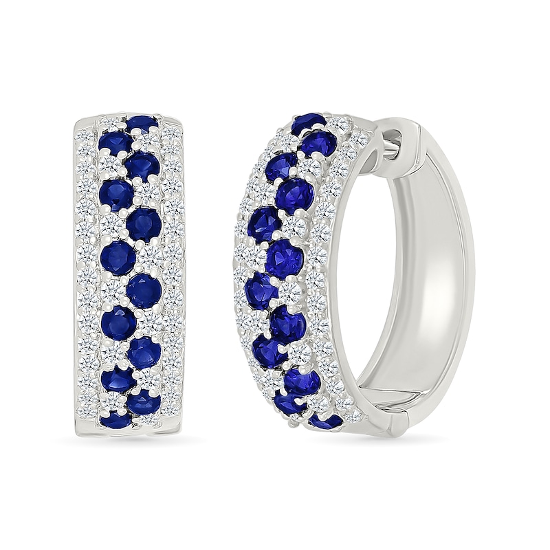 Main Image 2 of Blue and White Lab-Created Sapphire Hoop Earrings in Sterling Silver