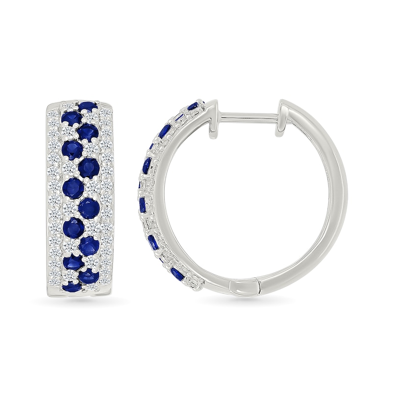 Main Image 3 of Blue and White Lab-Created Sapphire Hoop Earrings in Sterling Silver