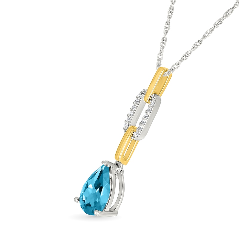 Main Image 2 of Pear-Shaped Swiss Blue Topaz and 0.04 CT. T.W. Diamond Pendant in Sterling Silver and 10K Gold