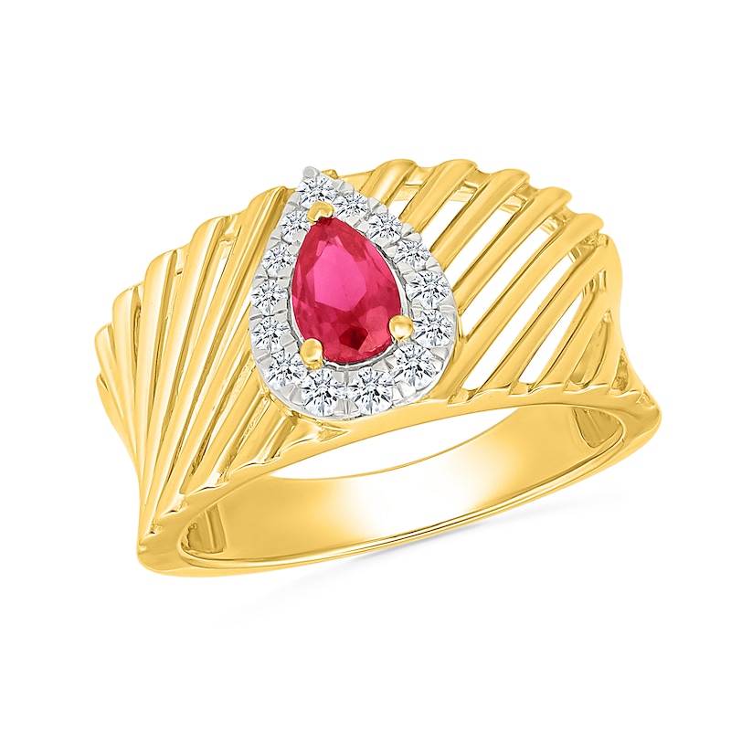 Pear-Shaped Lab-Created Ruby and White Lab-Created Sapphire Convex Ring in Sterling Silver with 10K Gold Plate