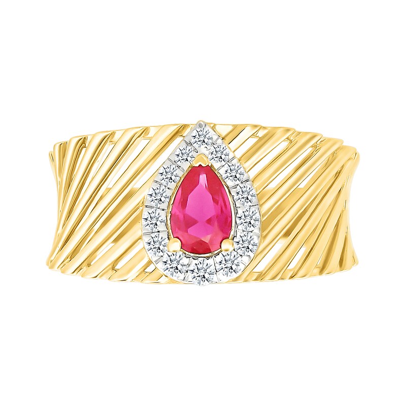 Pear-Shaped Lab-Created Ruby and White Lab-Created Sapphire Convex Ring in Sterling Silver with 10K Gold Plate