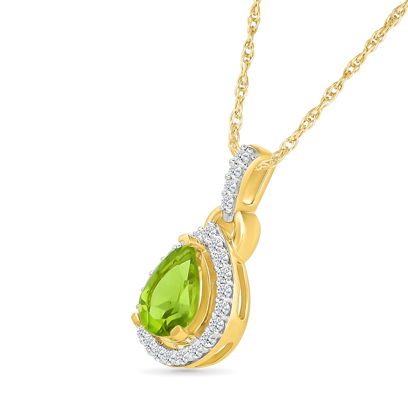 Main Image 2 of Pear-Shaped Peridot and White Lab-Created Sapphire Frame Pendant in 10K Gold