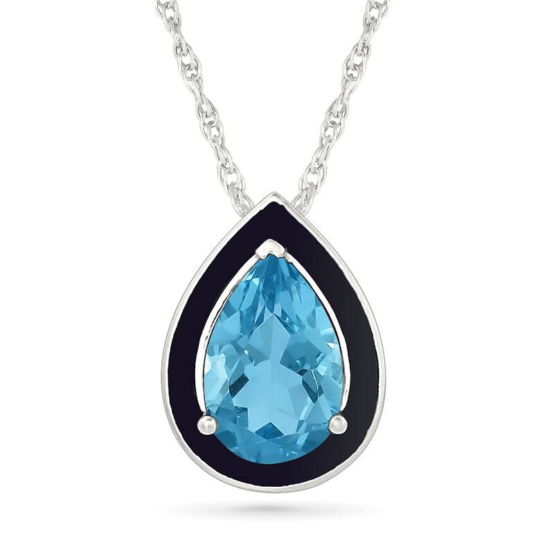 Pear-Shaped Blue Topaz and Black Enamel Frame Necklace in Sterling Silver