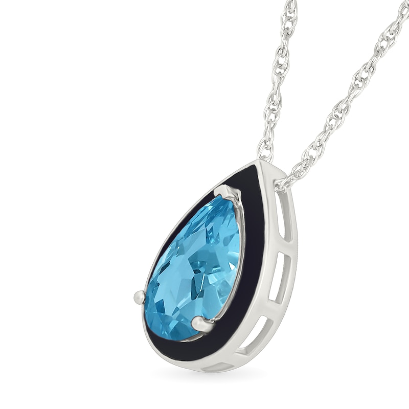 Pear-Shaped Blue Topaz and Black Enamel Frame Necklace in Sterling Silver