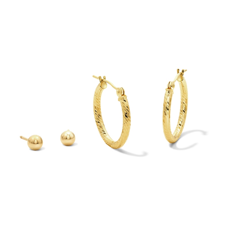 18.0mm Textured Hoop and Ball Post Earrings Set in Hollow 10K Gold