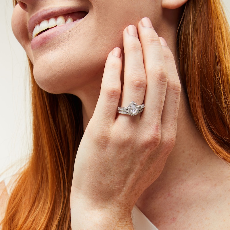 Previously Owned - Perfect Fit 1.25 CT. T.W. Pear-Shaped Certified Lab-Grown Diamond Sunburst Frame Bridal Set in 14K White Gold (F/SI2)