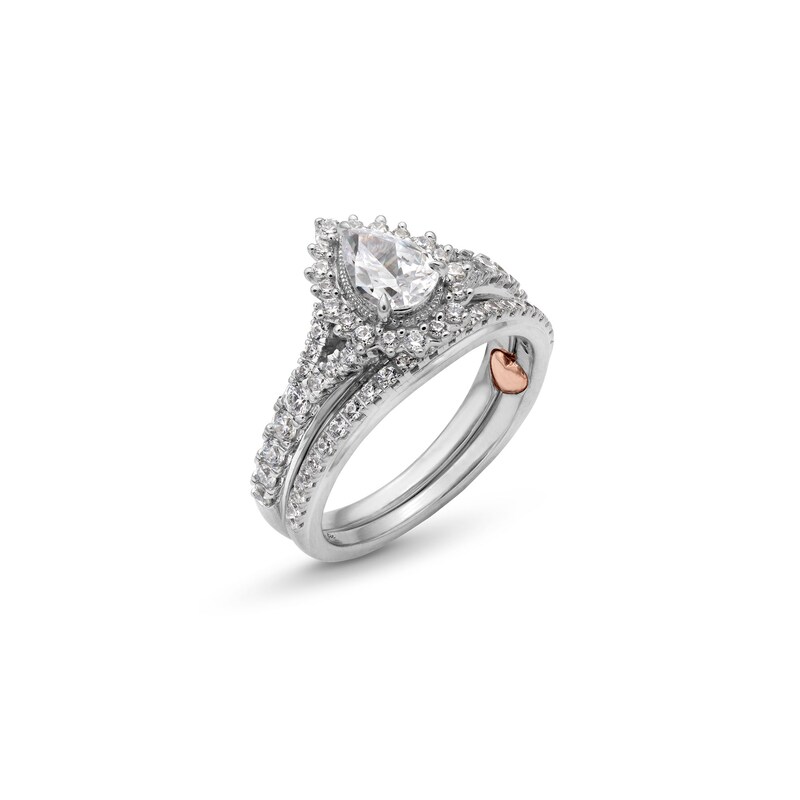 Previously Owned - Perfect Fit 1.25 CT. T.W. Pear-Shaped Certified Lab-Grown Diamond Sunburst Frame Bridal Set in 14K White Gold (F/SI2)