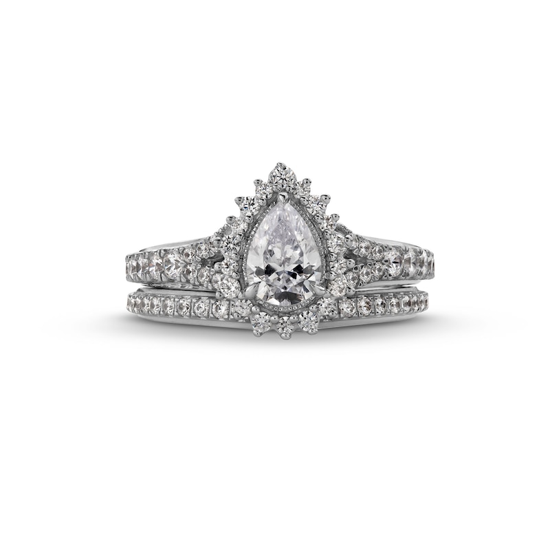 Previously Owned - Perfect Fit 1.25 CT. T.W. Pear-Shaped Certified Lab-Grown Diamond Sunburst Frame Bridal Set in 14K White Gold (F/SI2)