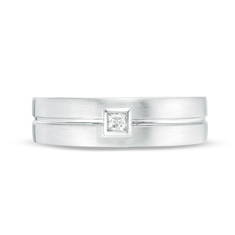 Previously Owned - Vera Wang Love Collection Men's 0.07 CT. Square Diamond Solitaire Wedding Band in 14K White Gold