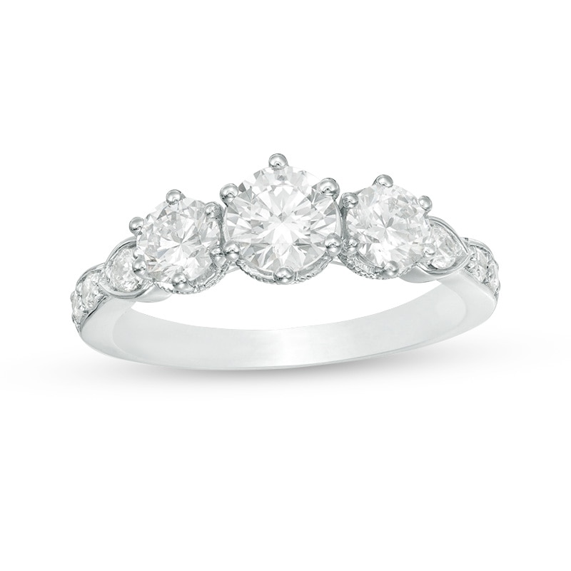 Previously Owned - Celebration Canadian Ideal 1.10 CT. T.W. Certified Diamond Three Stone Vintage-Style Engagement Ring in 14K White Gold (I/I1)