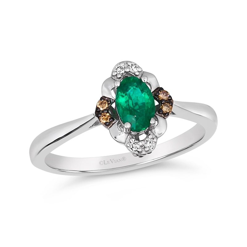 Previously Owned - Le Vian® Oval Costa Smeralda Emeralds™ and 0.09 CT. T.W. Diamond Scallop Frame Ring in 14K Vanilla Gold®