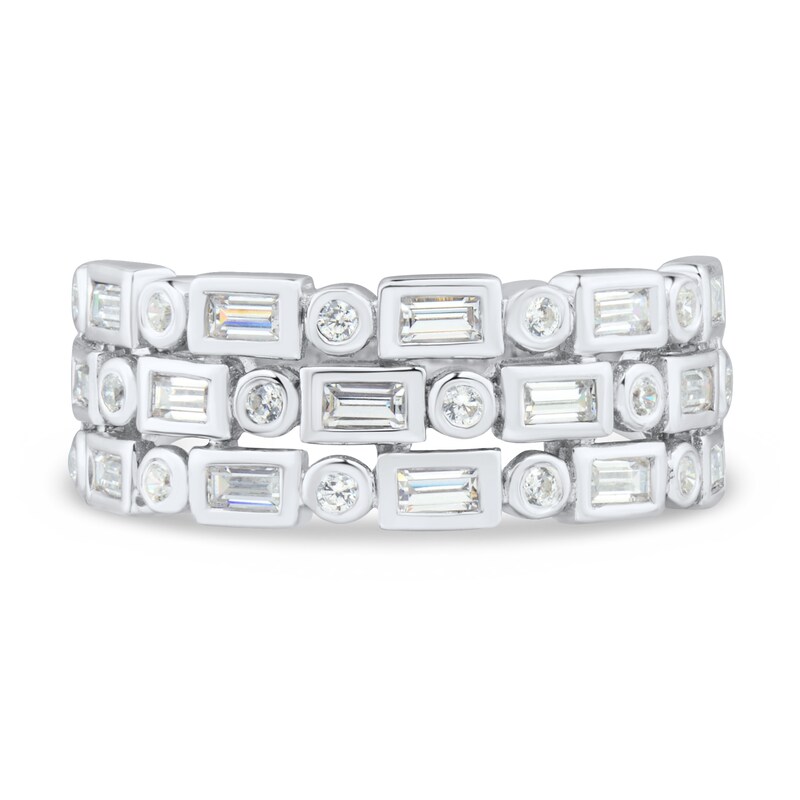 Previously Owned - 0.45 CT. T.W. Baguette and Round Diamond Alternating Triple Row Anniversary Band in 10K White Gold