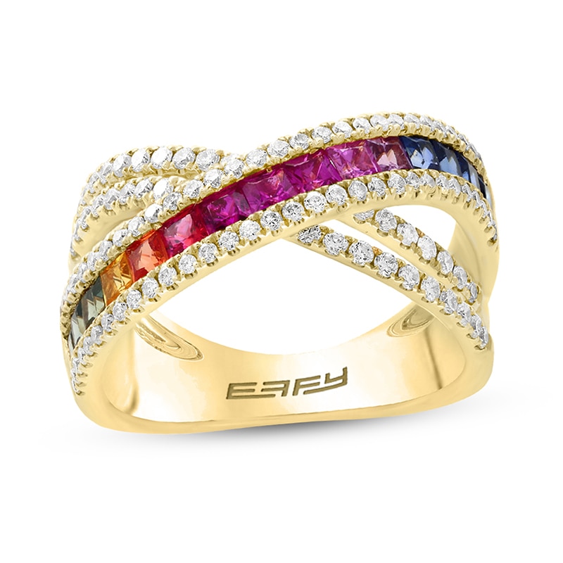 Previously Owned - EFFY™ Collection Princess-Cut Multi-Colour Sapphire and 0.58 CT. T.W. Diamond Criss-Cross Orbit Ring in 14K Gold