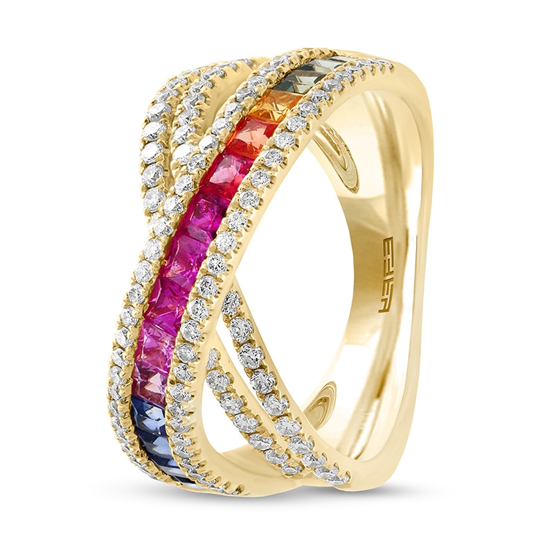 Previously Owned - EFFY™ Collection Princess-Cut Multi-Colour Sapphire and 0.58 CT. T.W. Diamond Criss-Cross Orbit Ring in 14K Gold