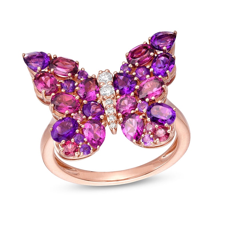 Previously Owned - EFFY™ Collection Amethyst, Rhodolite Garnet and 0.05 CT. T.W. Diamond Butterfly Ring in 14K Rose Gold