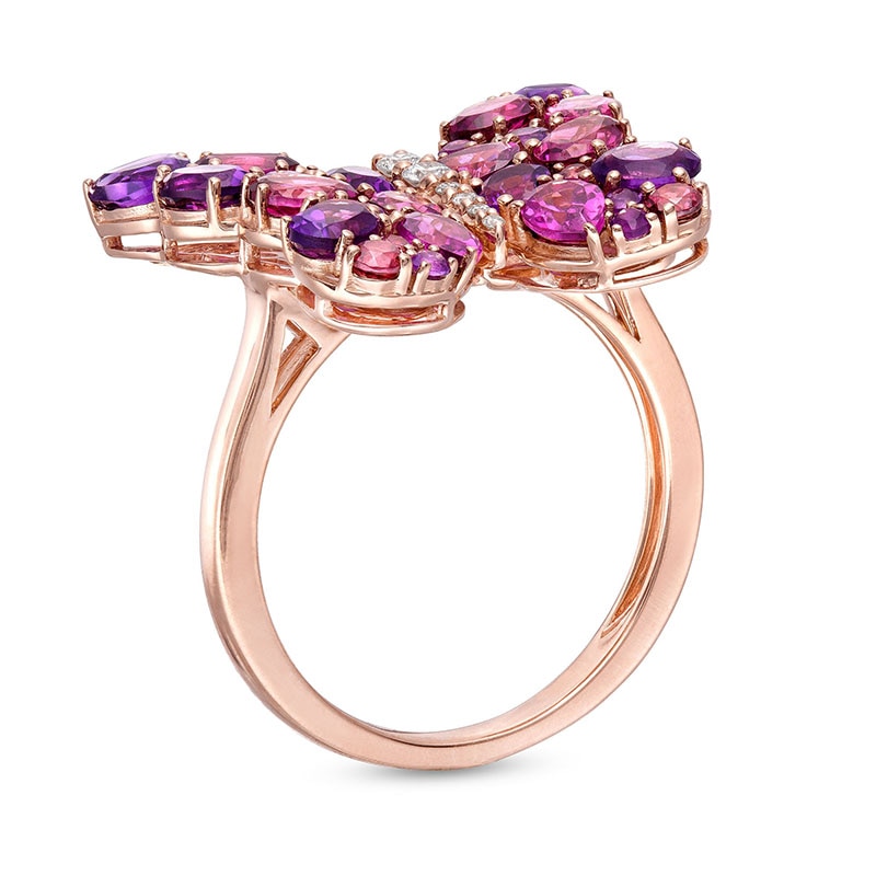 Previously Owned - EFFY™ Collection Amethyst, Rhodolite Garnet and 0.05 CT. T.W. Diamond Butterfly Ring in 14K Rose Gold
