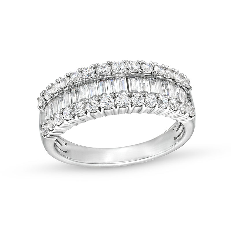 Previously Owned - 1.00 CT. T.W. Baguette and Round Diamond Triple Row Anniversary Band in 14K White Gold