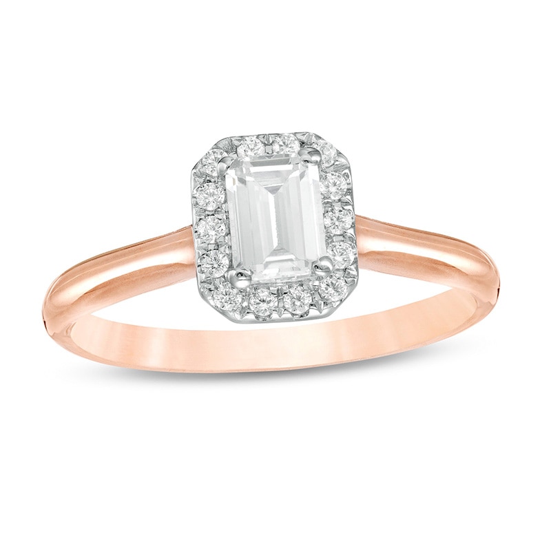 Previously Owned - 0.64 CT. T.W. Emerald-Cut Diamond Frame Engagement Ring in 14K Rose Gold