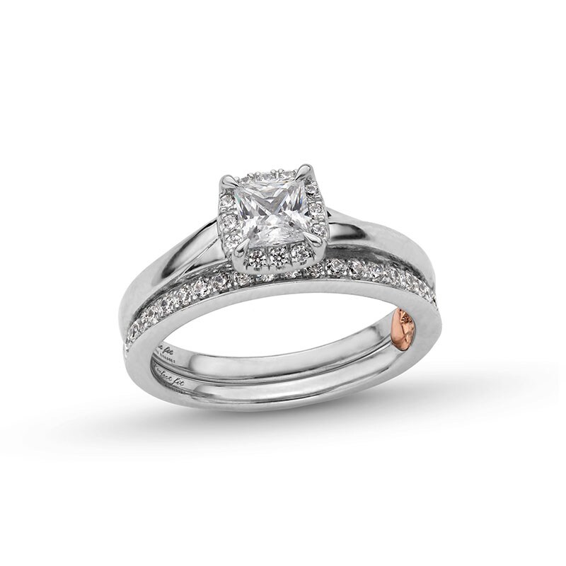 Previously Owned - Perfect Fit 1.00 CT. T.W. Princess-Cut Certified Lab-Grown Diamond Cushion Frame Bridal Set in 14K White Gold (F/SI2)