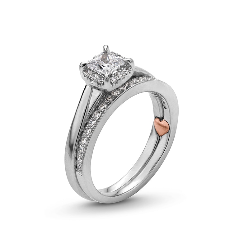 Previously Owned - Perfect Fit 1.00 CT. T.W. Princess-Cut Certified Lab-Grown Diamond Cushion Frame Bridal Set in 14K White Gold (F/SI2)