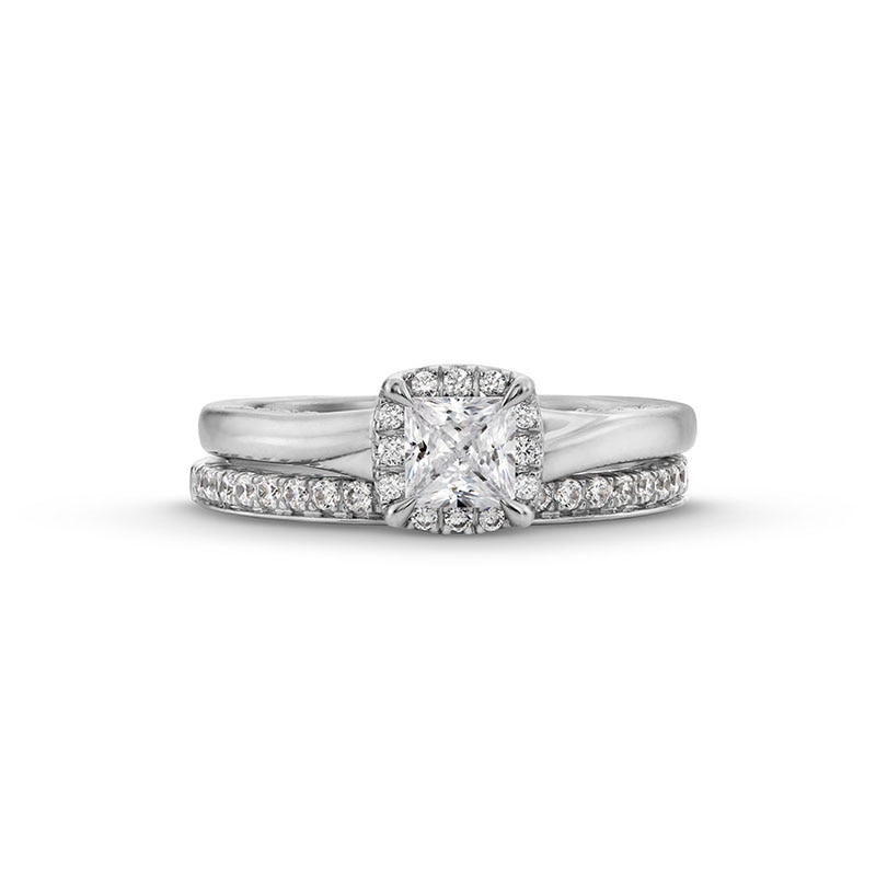 Previously Owned - Perfect Fit 1.00 CT. T.W. Princess-Cut Certified Lab-Grown Diamond Cushion Frame Bridal Set in 14K White Gold (F/SI2)