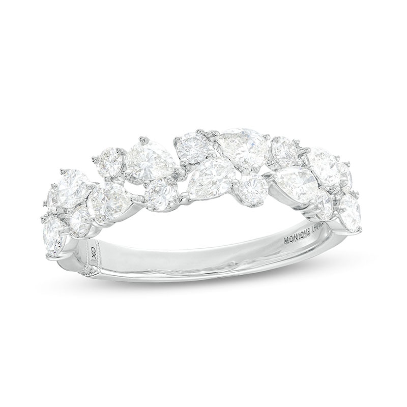 Previously Owned - Monique Lhuillier Bliss 1.23 CT. T.W. Pear-Shaped and Round Diamond Vintage-Style Anniversary Band in 18K White Gold