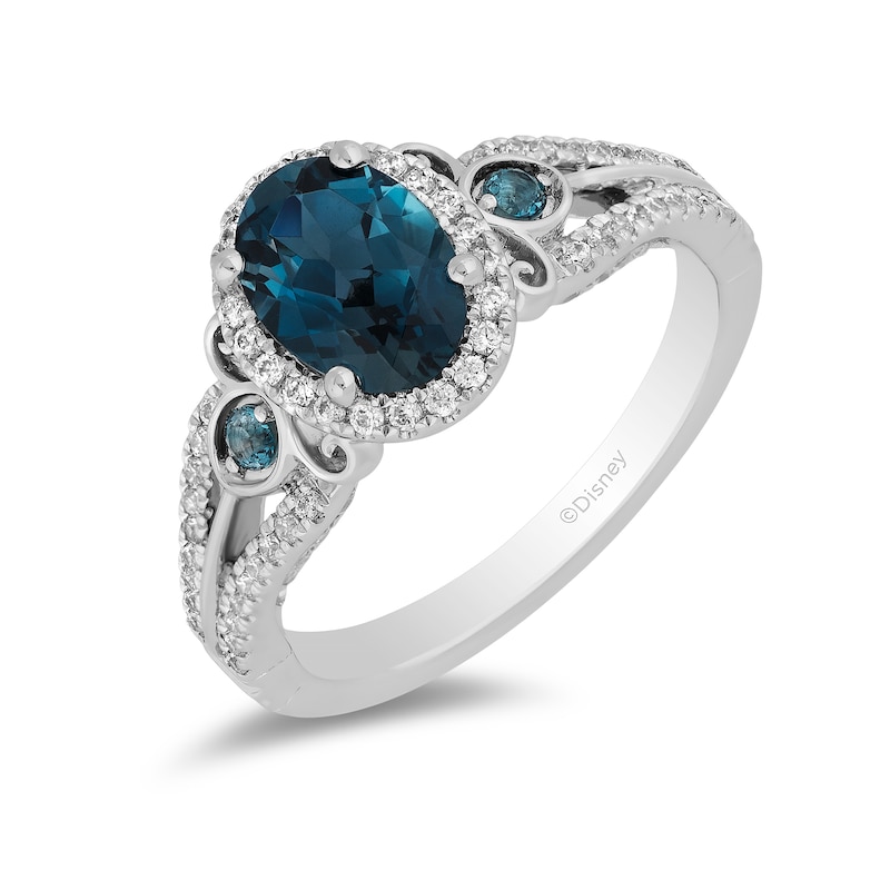 Previously Owned - Enchanted Disney Cinderella Oval London Blue Topaz and 0.29 CT. T.W. Diamond Frame Engagement Ring in 14K White Gold