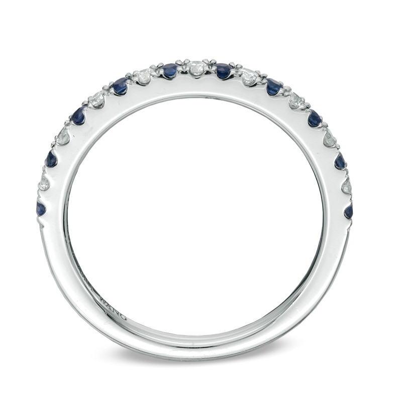 Previously Owned Vera Wang Love Collection 0.14 CT. T.W. Diamond and Blue Sapphire Band in 14K White Gold